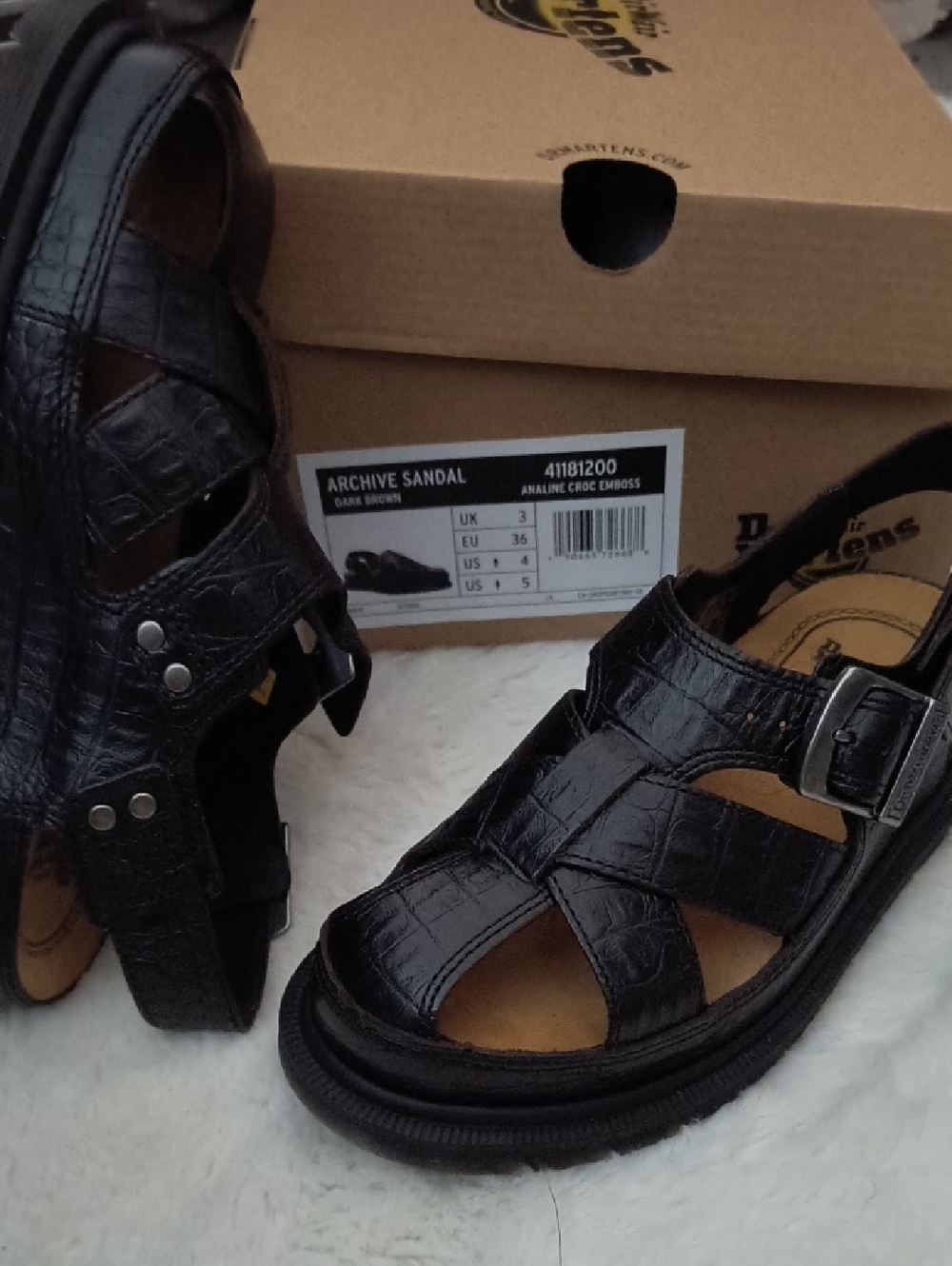 Dr. Martens Croc-Embossed Sandals in Dark Brown